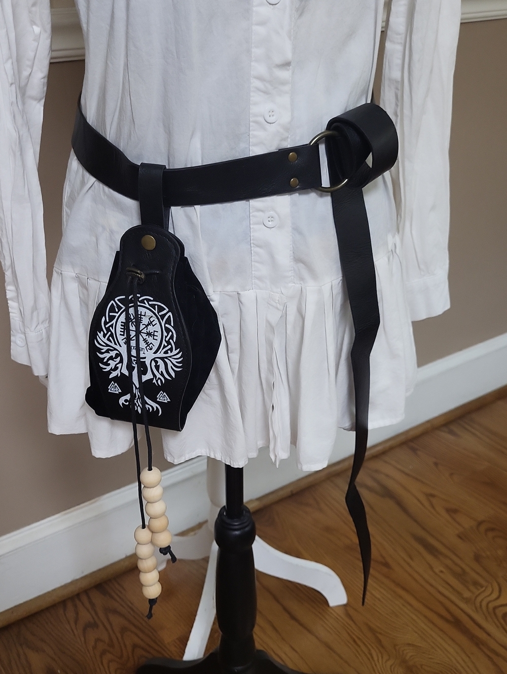 Faux Black Leather Belt Thajaling RAVEN Pouch and Bead Tassel, Adjustable Wrap